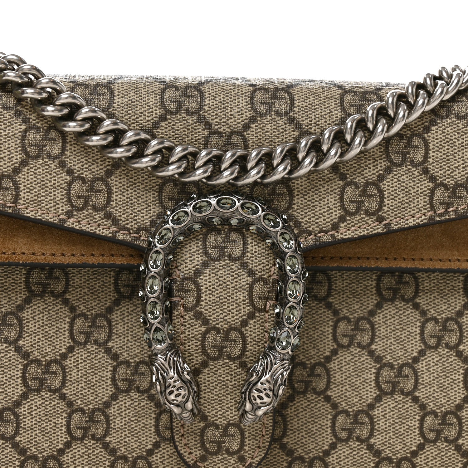 Gucci GG Supreme Monogram Suede Crystal Small Dionysus Shoulder Bag Beige Ebony Taupe 8 of 11