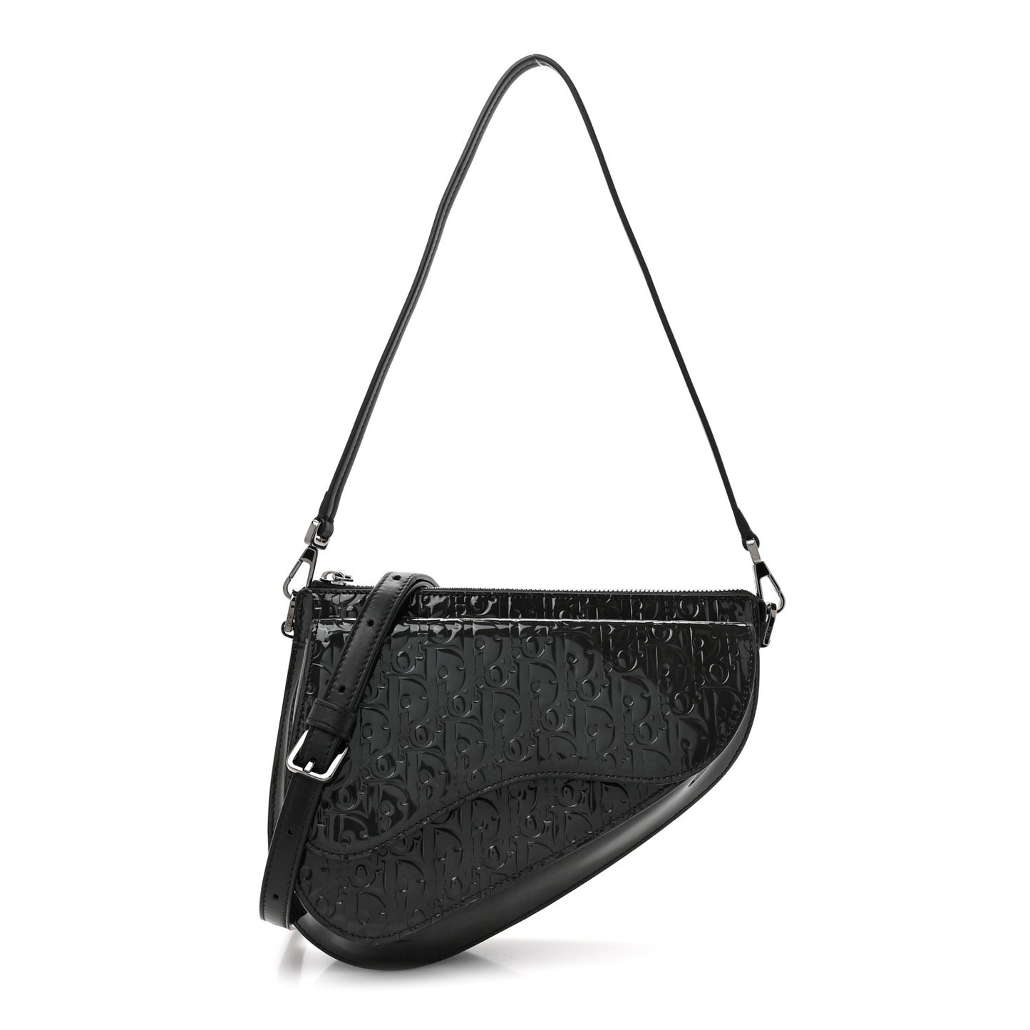 Patent Oblique Embossed Saddle Boxy Bag Black
