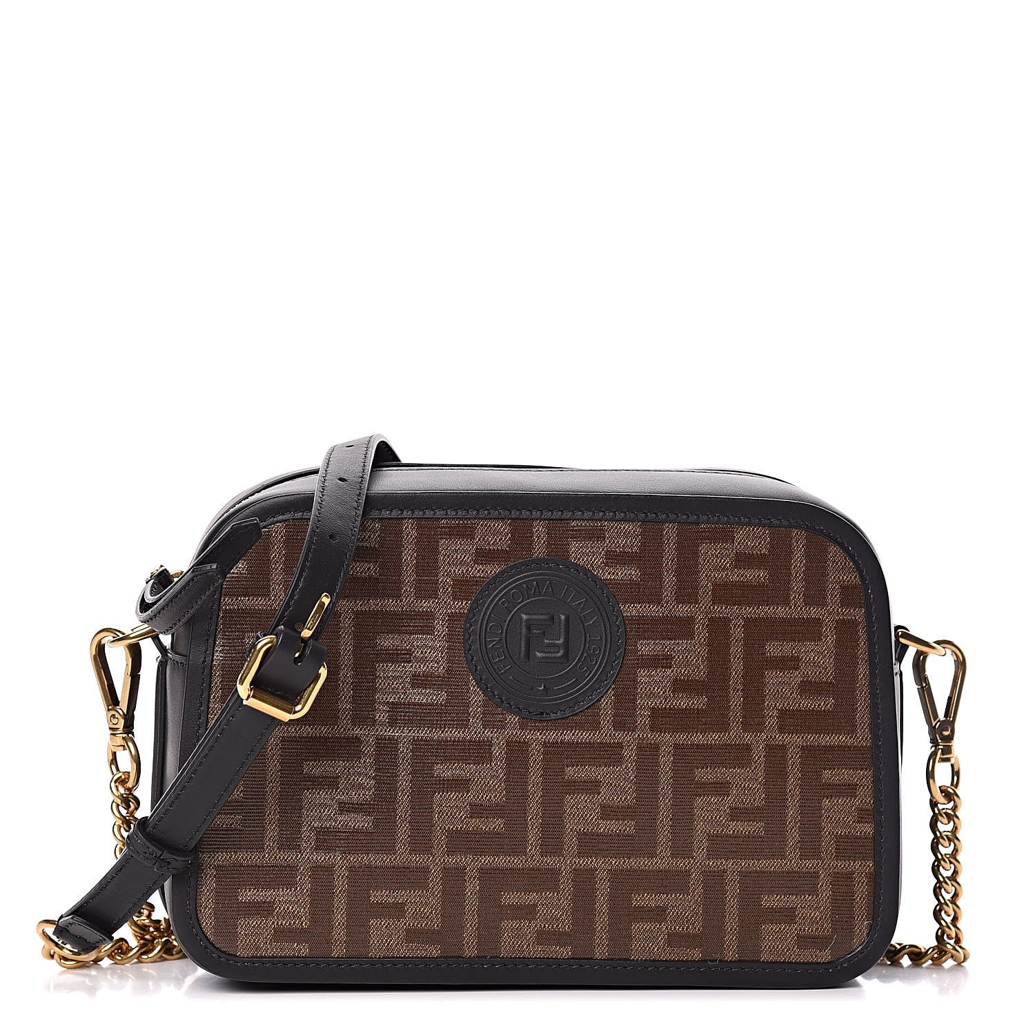 Fendi Glazed Fabric Vitello Century FF 1974 Stamp Patch Camera Case Mogano Panna Black 1 of 10