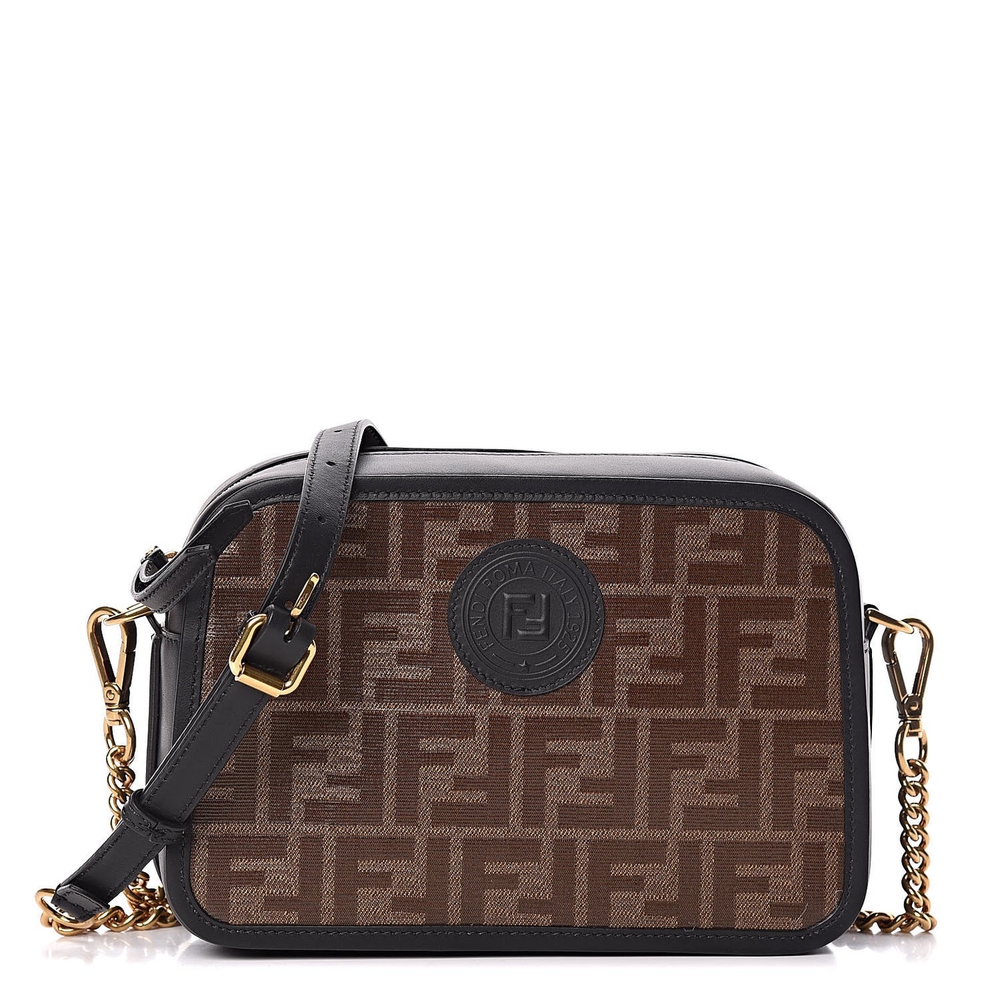 Glazed Fabric Vitello Century FF 1974 Stamp Patch Camera Case Mogano Panna Black