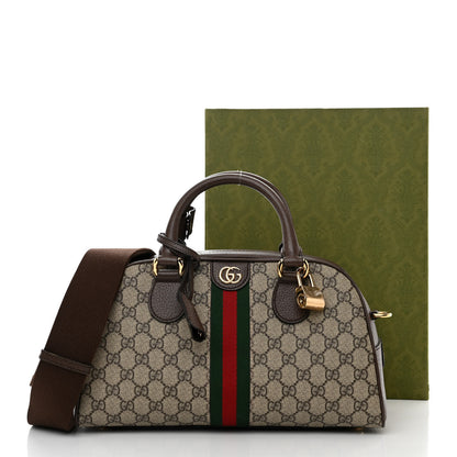 Gucci GG Supreme Monogram Textured Dollar Calfskin Web Medium Ophidia Top Handle Bowler Bag Beige Ebony New Acero 3 of 15