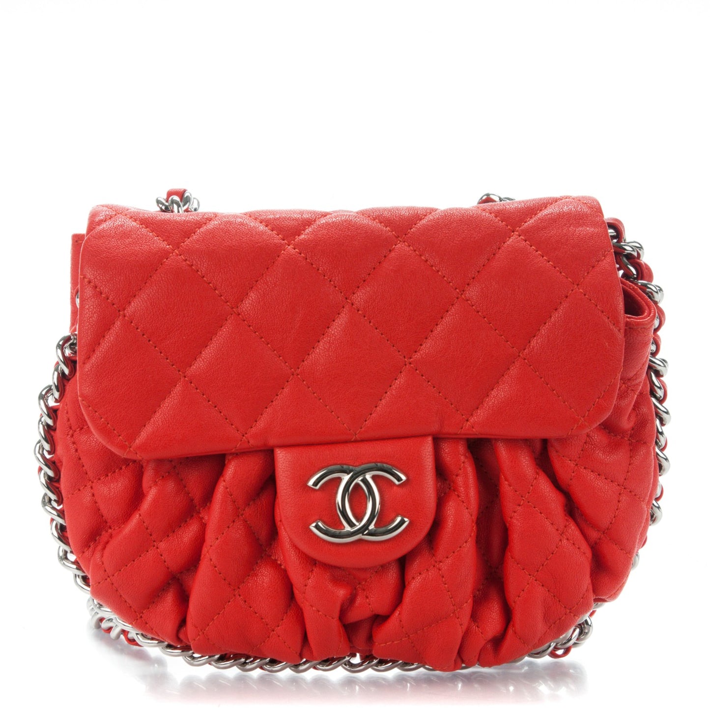 Washed Lambskin Quilted Mini Chain Around Flap Red