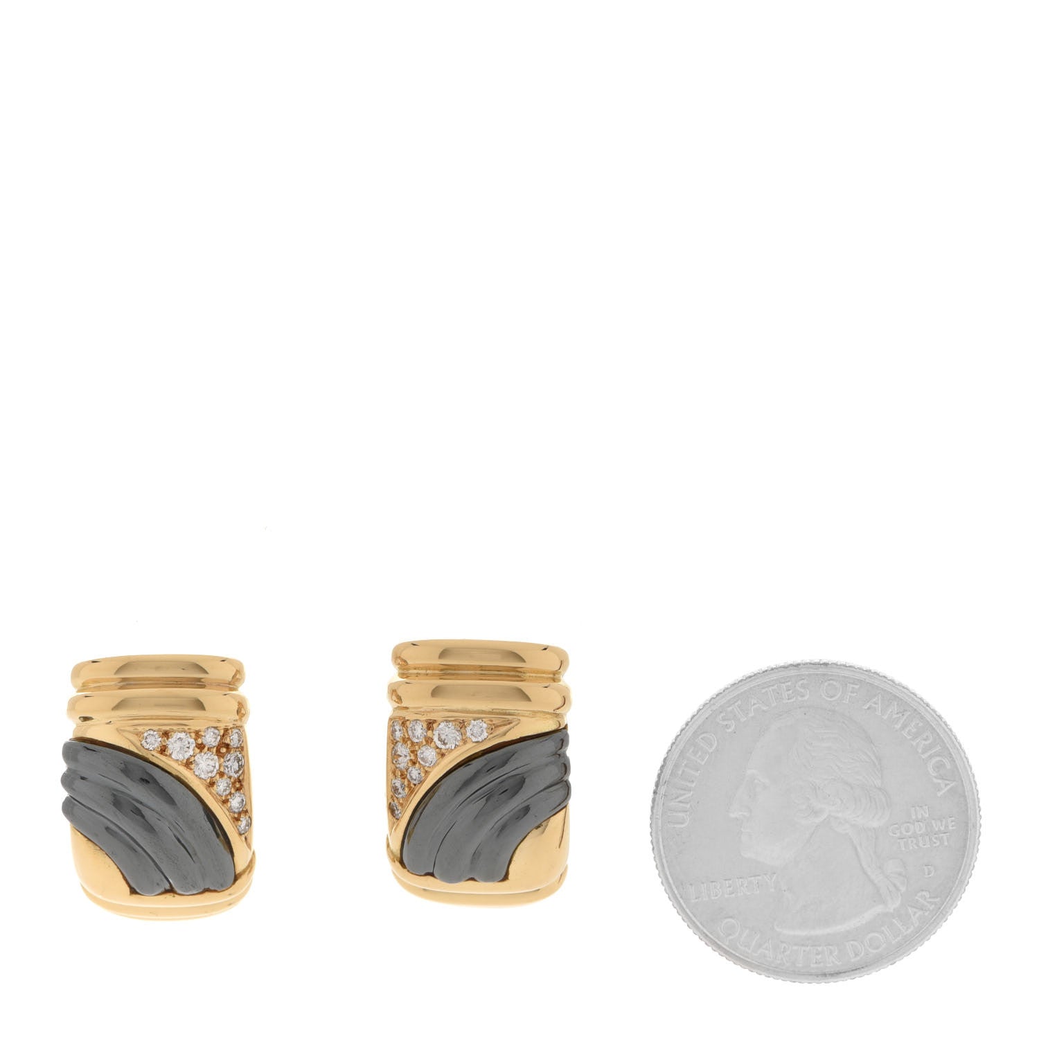 Bulgari 18K Yellow Gold Diamond Hematite Clip-On Earrings 2 of 5