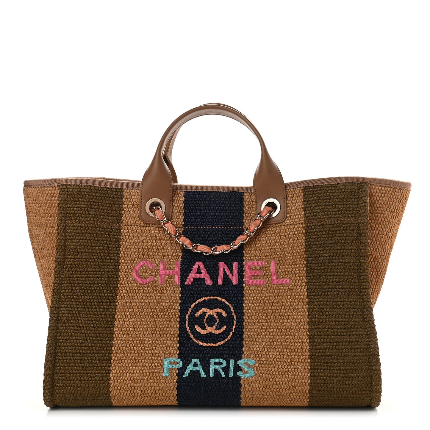 Straw Raffia Calfskin Striped Medium Deauville Tote Khaki Beige Navy Blue