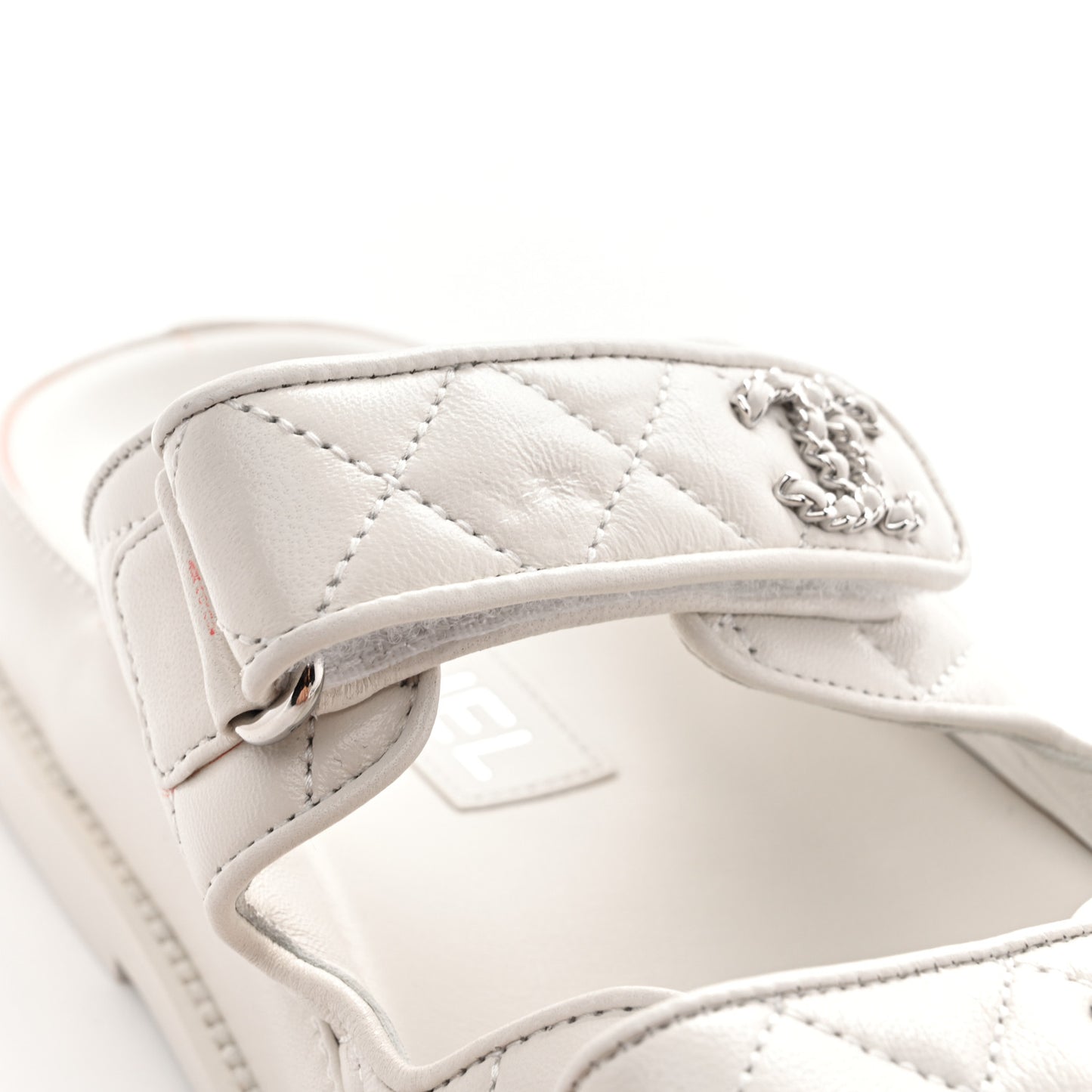 Lambskin Quilted Velcro Dad Chain CC Slide Sandals 38 White