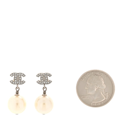 Chanel Crystal Pearl CC Drop Earrings Silver Pearly White 2 of 5