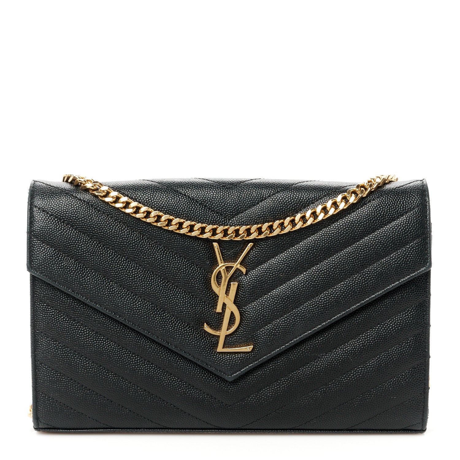Saint Laurent Grain De Poudre Matelasse Chevron Monogram Chain Wallet Black 1 of 9