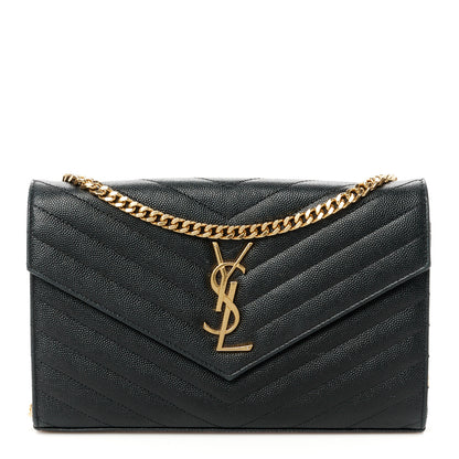 Saint Laurent Grain De Poudre Matelasse Chevron Monogram Chain Wallet Black 1 of 9
