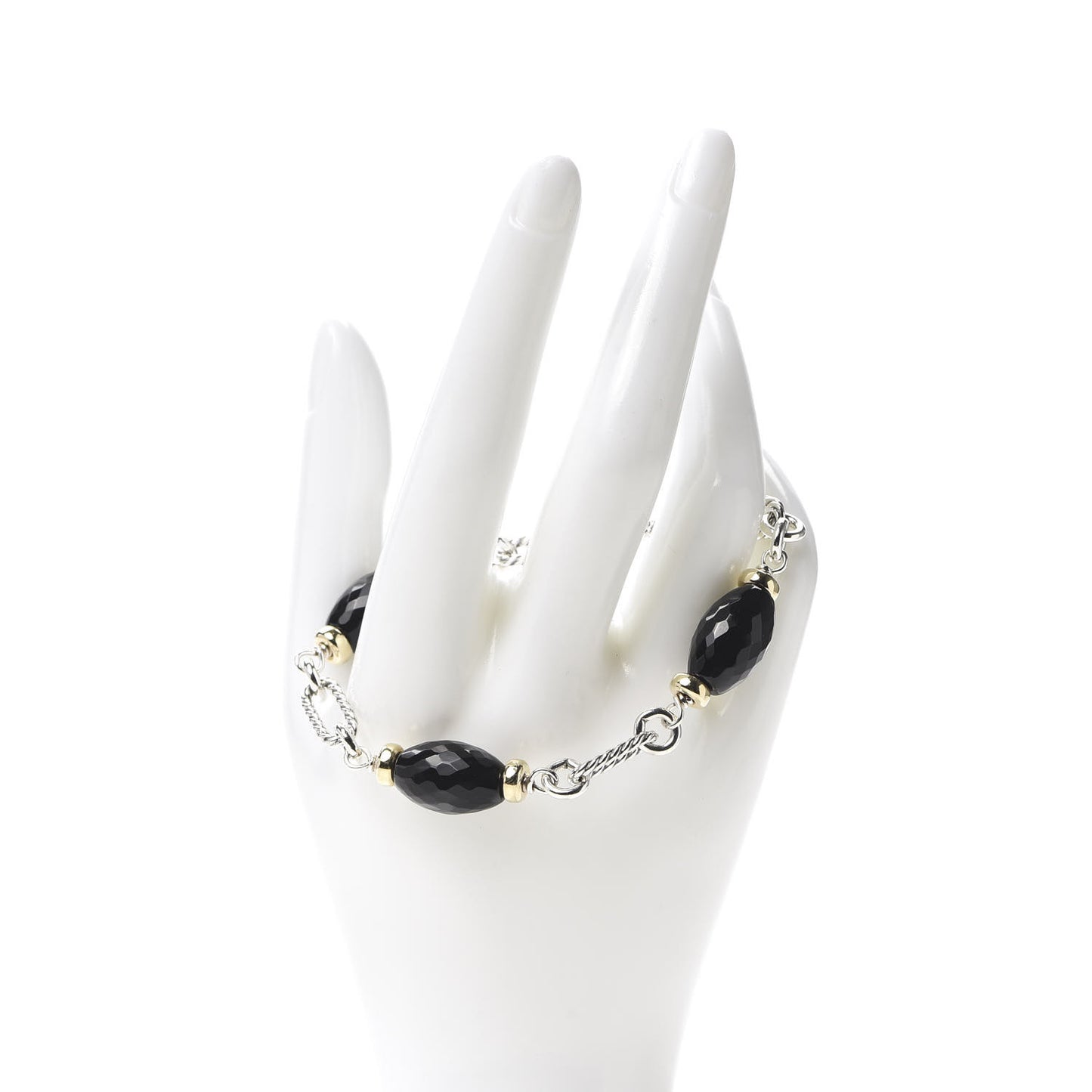 Sterling Silver 18K Yellow Gold Black Onyx Figaro Bracelet