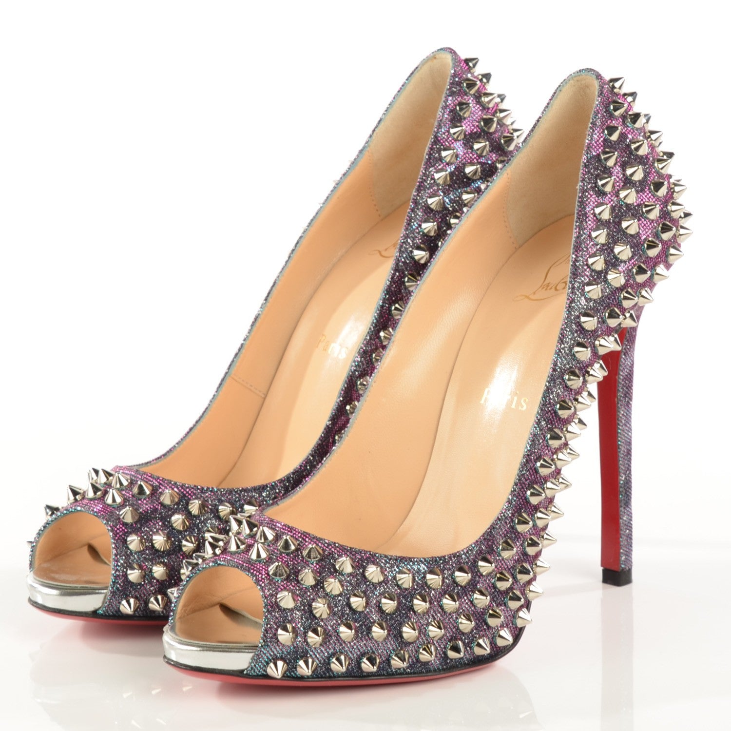 Christian Louboutin Metallic Lame Peep Spikes 120 Platform Peep Toe Pumps 39 Turquoise Violet Silver 3 of 8