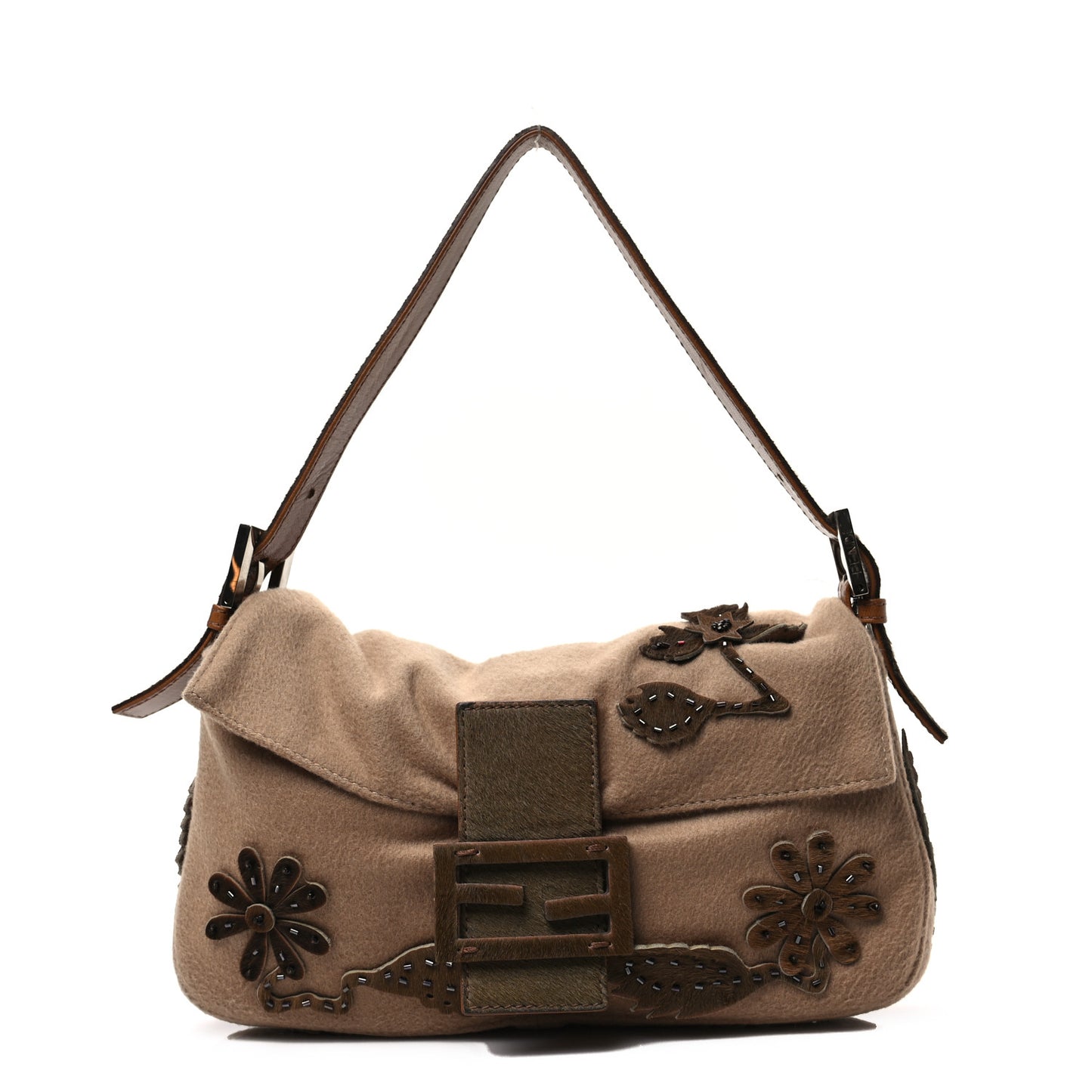 Wool Pony Hair Flower Applique Baguette Brown