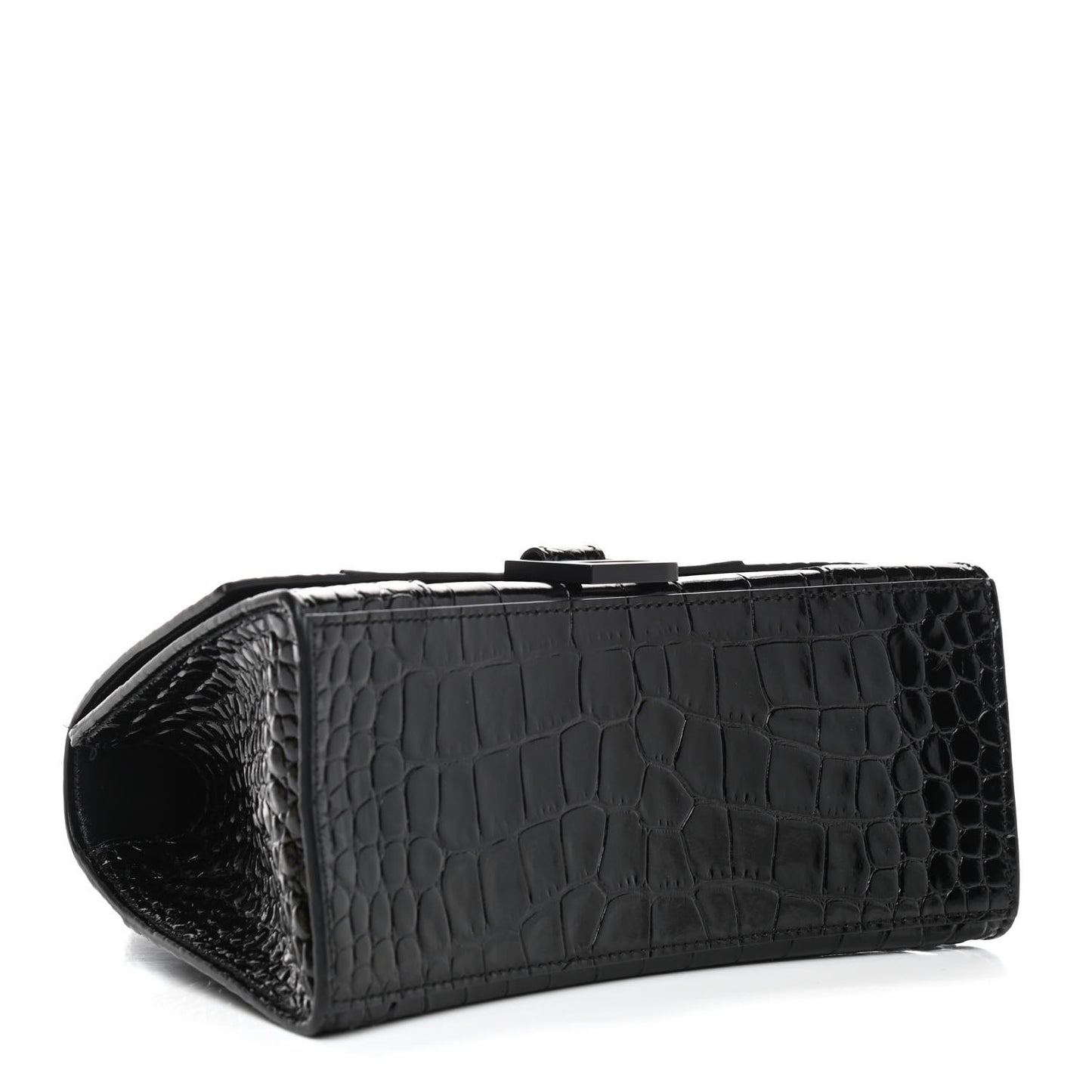 Shiny Calfskin Monochrome Crocodile Embossed Small Hourglass Top Handle Bag Black
