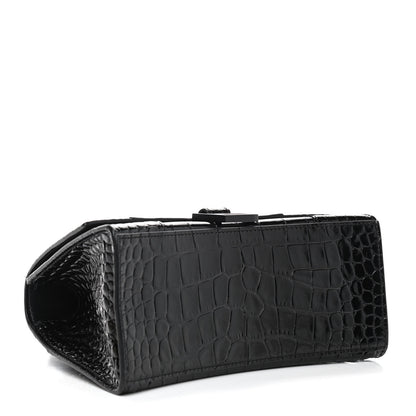 Balenciaga Shiny Calfskin Monochrome Crocodile Embossed Small Hourglass Top Handle Bag Black 4 of 8