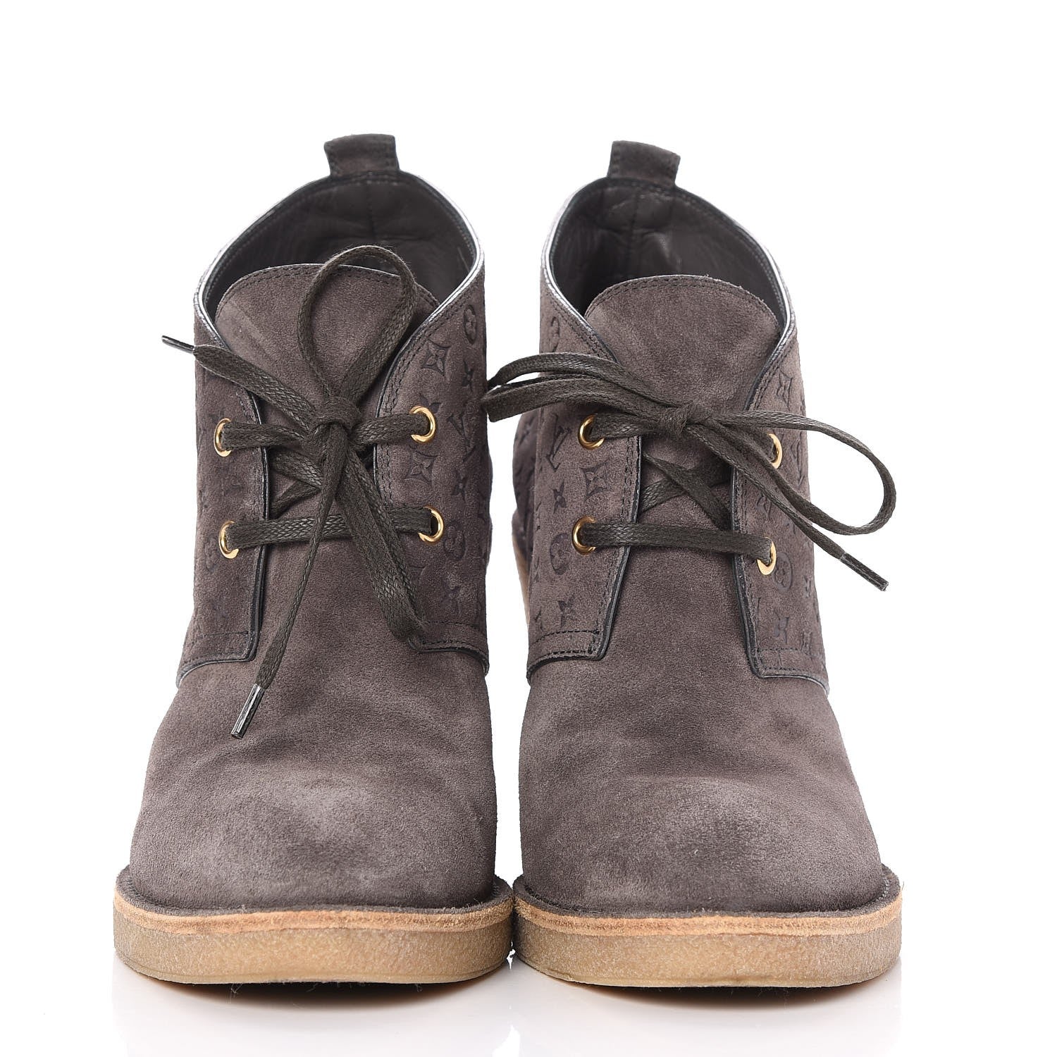 Louis Vuitton Monogram Embossed Suede Frosty Wedge Low Boots 38.5 Dark Grey 2 of 10