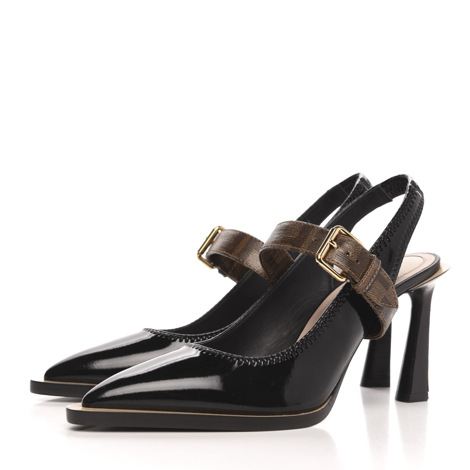 Fendi Glossy Neoprene Glazed Fabric FF FFrame Court Mary Jane Slingback Pumps 37 Black Tobacco Moro 3 of 7