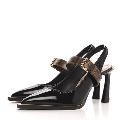 Fendi Glossy Neoprene Glazed Fabric FF FFrame Court Mary Jane Slingback Pumps 37 Black Tobacco Moro 3 of 7