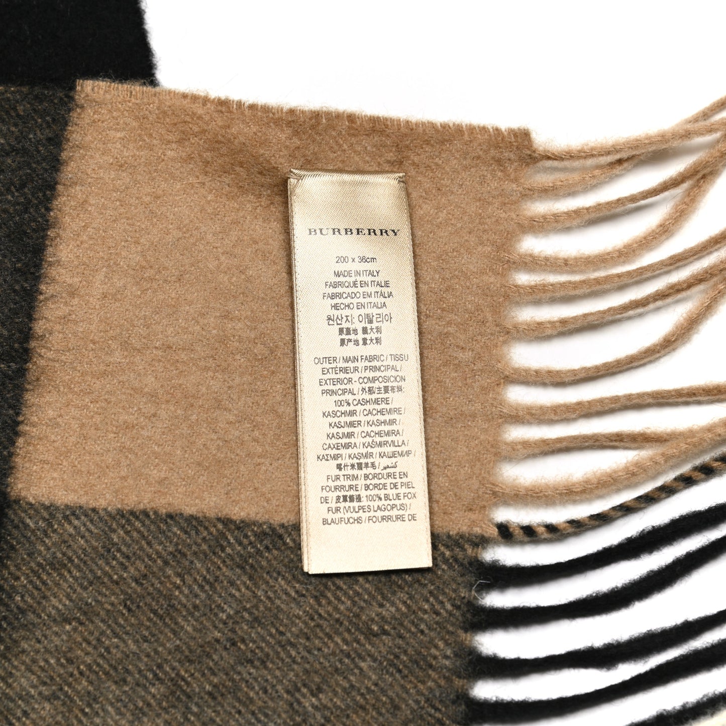 Fox Cashmere Half Mega Check Fringe Scarf Camel