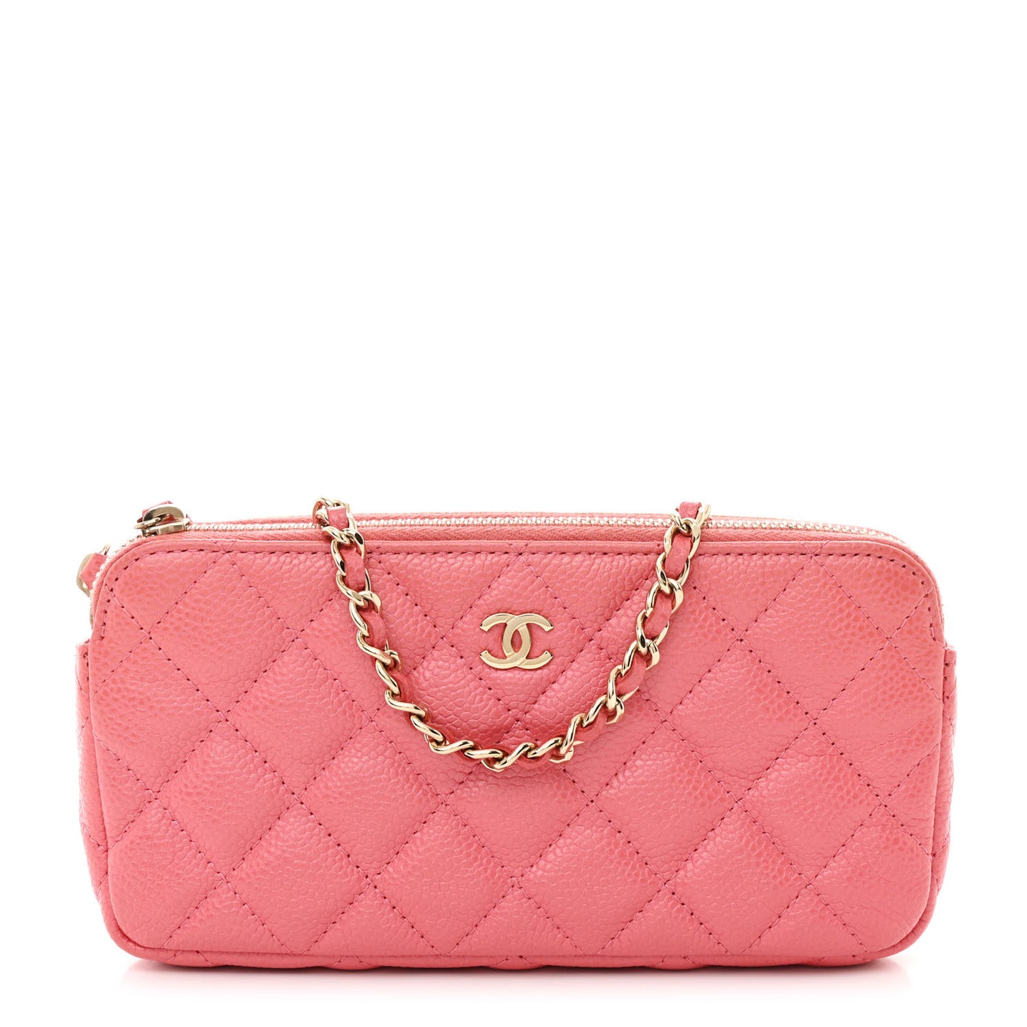 Iridescent Caviar Quilted Small Clutch With Chain Pink