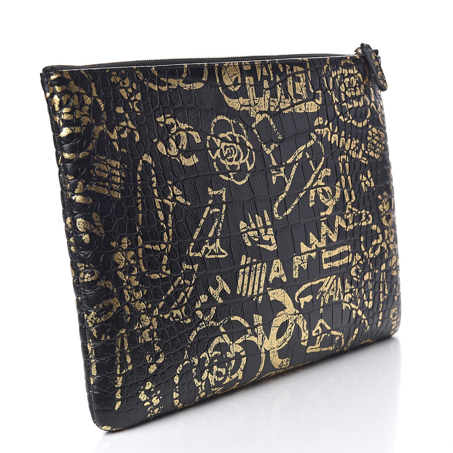 Calfskin Crocodile Embossed Graffiti 2.55 Large Cocodile Reissue Cosmetic Case Black Gold