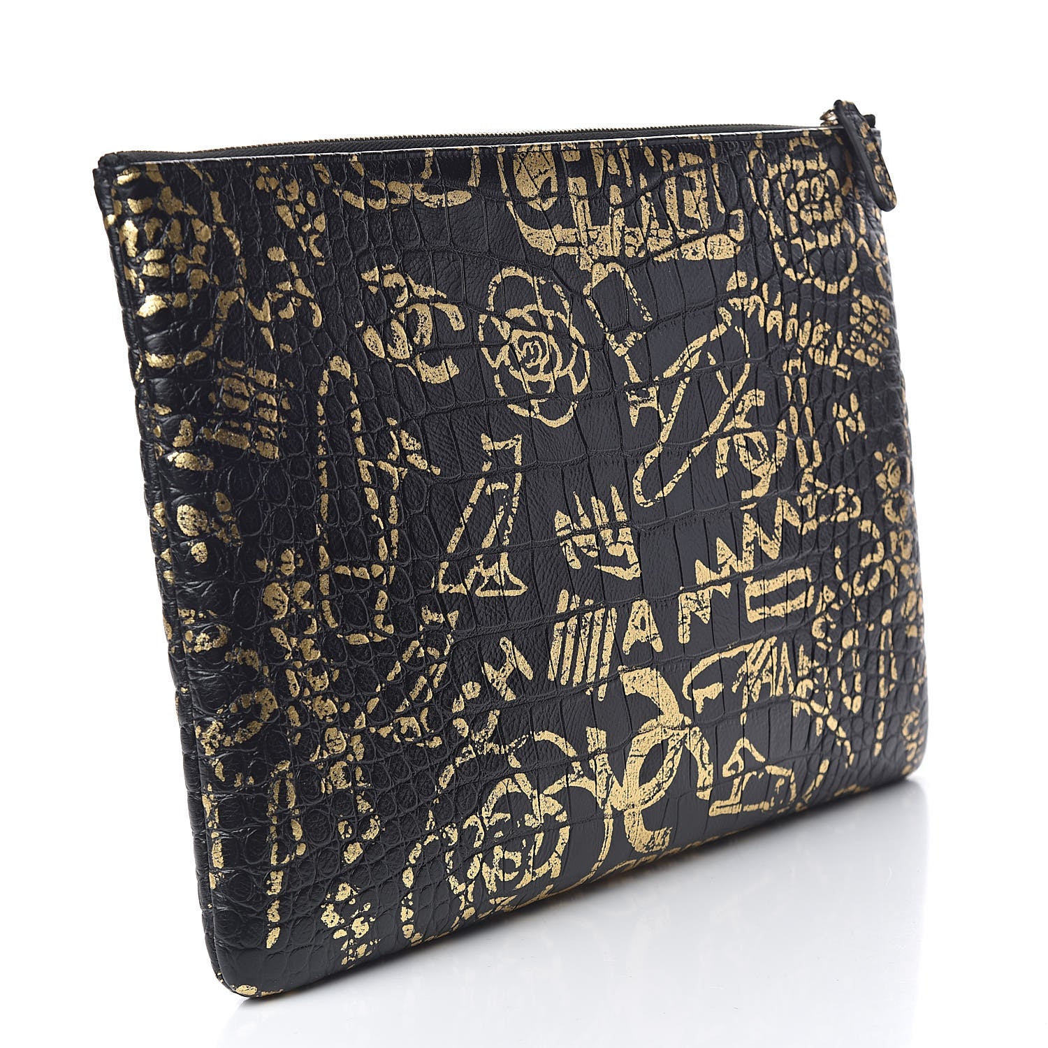 Chanel Calfskin Crocodile Embossed Graffiti 2.55 Large Cocodile Reissue Cosmetic Case Black Gold 3 of 11