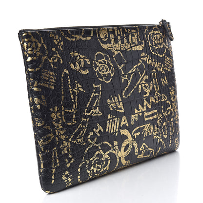 Chanel Calfskin Crocodile Embossed Graffiti 2.55 Large Cocodile Reissue Cosmetic Case Black Gold 3 of 11