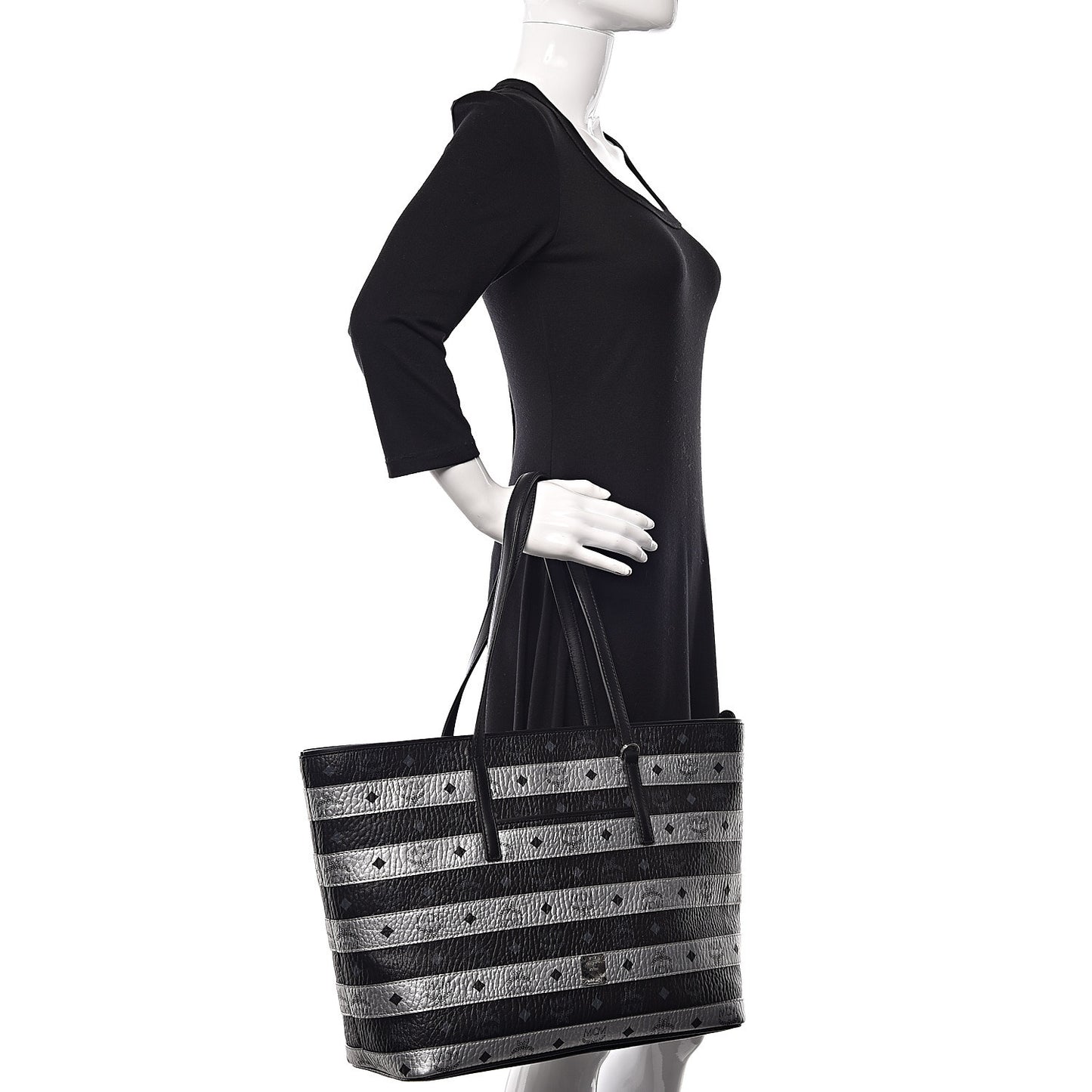 Metallic Visetos Striped Medium Anya Shopper Tote Black Silver