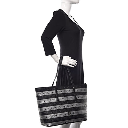MCM Metallic Visetos Striped Medium Anya Shopper Tote Black Silver 2 of 11