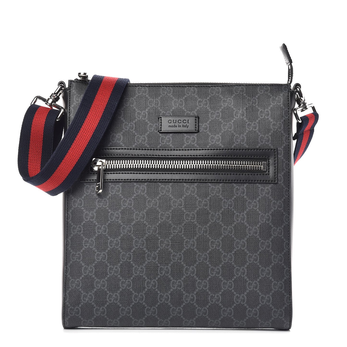 GG Supreme Monogram Appia Calfskin Web Flat Messenger Bag Black Grey