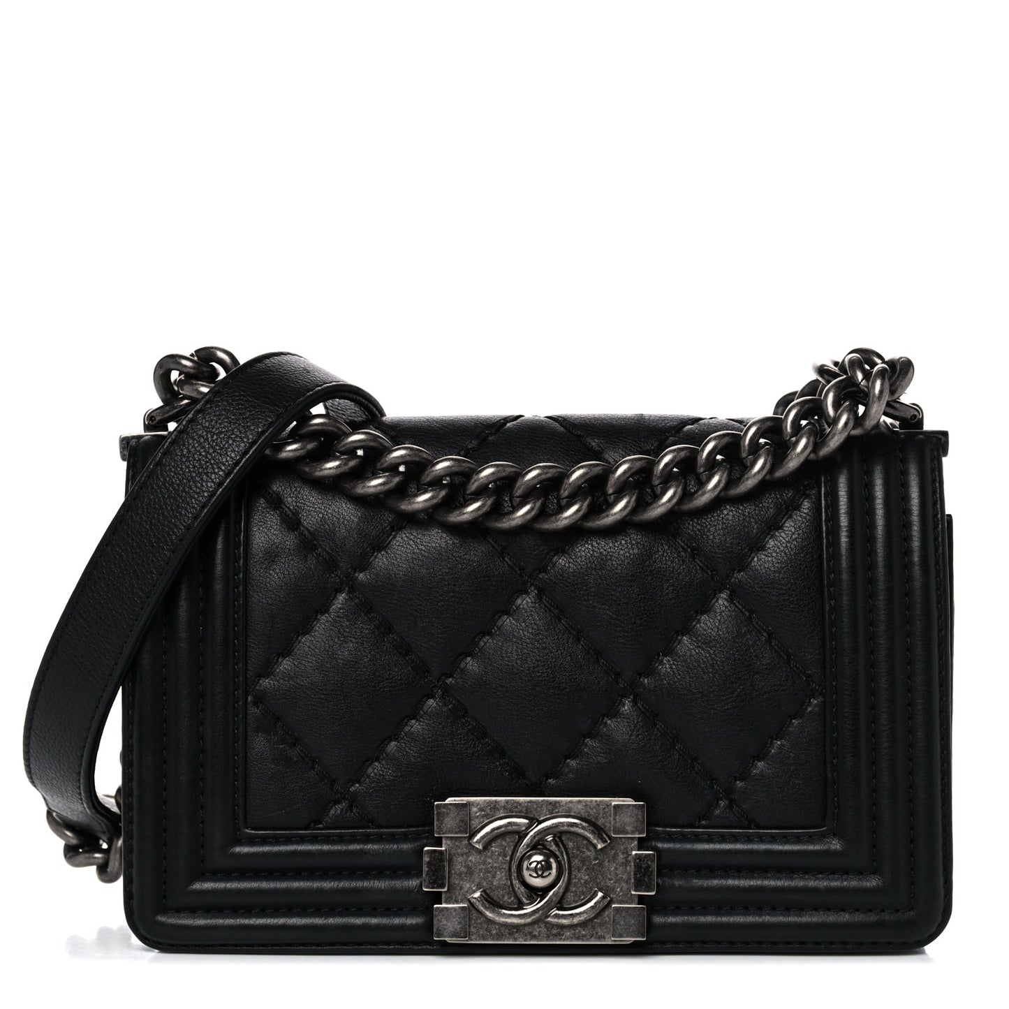 Calfskin Double Stitch Small Boy Flap Black