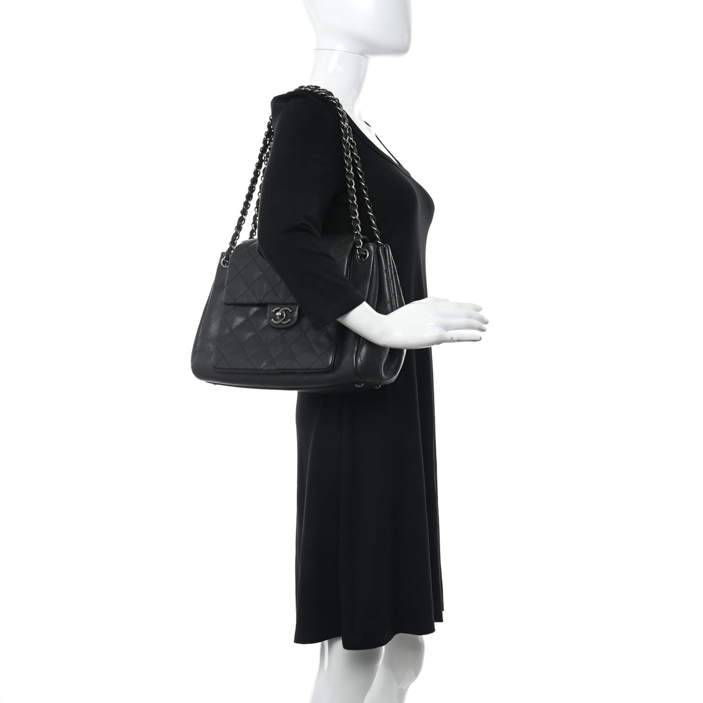 Caviar Quilted CC Accordion Shopping Bag Black