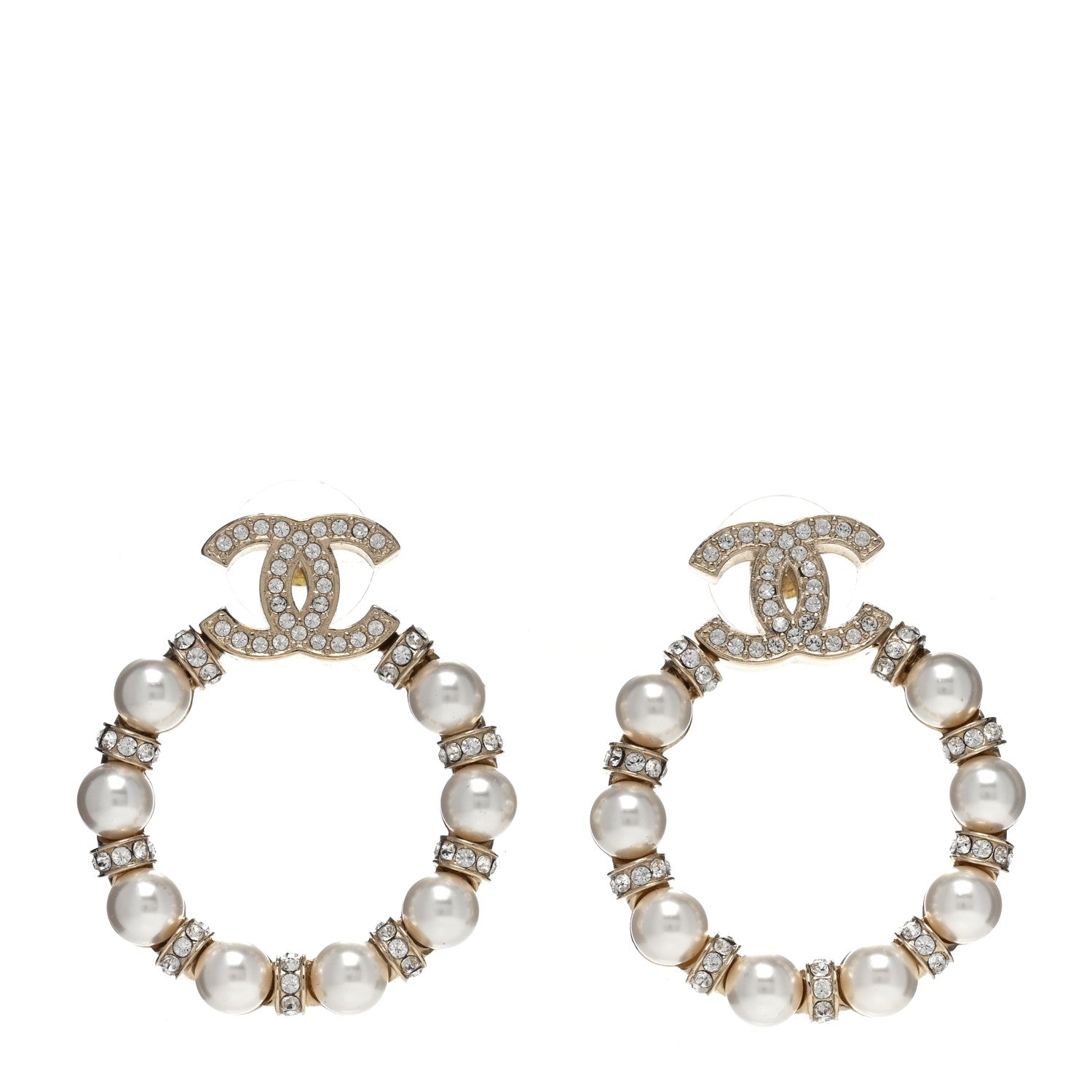 Chanel Crystal Pearl CC Hoop Earrings Gold Pearly White 1 of 4