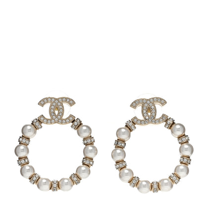 Chanel Crystal Pearl CC Hoop Earrings Gold Pearly White 1 of 4