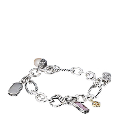 David Yurman Sterling Silver 18K Yellow Gold Diamond Pearl Rhodonite Charm Bracelet 3 of 5