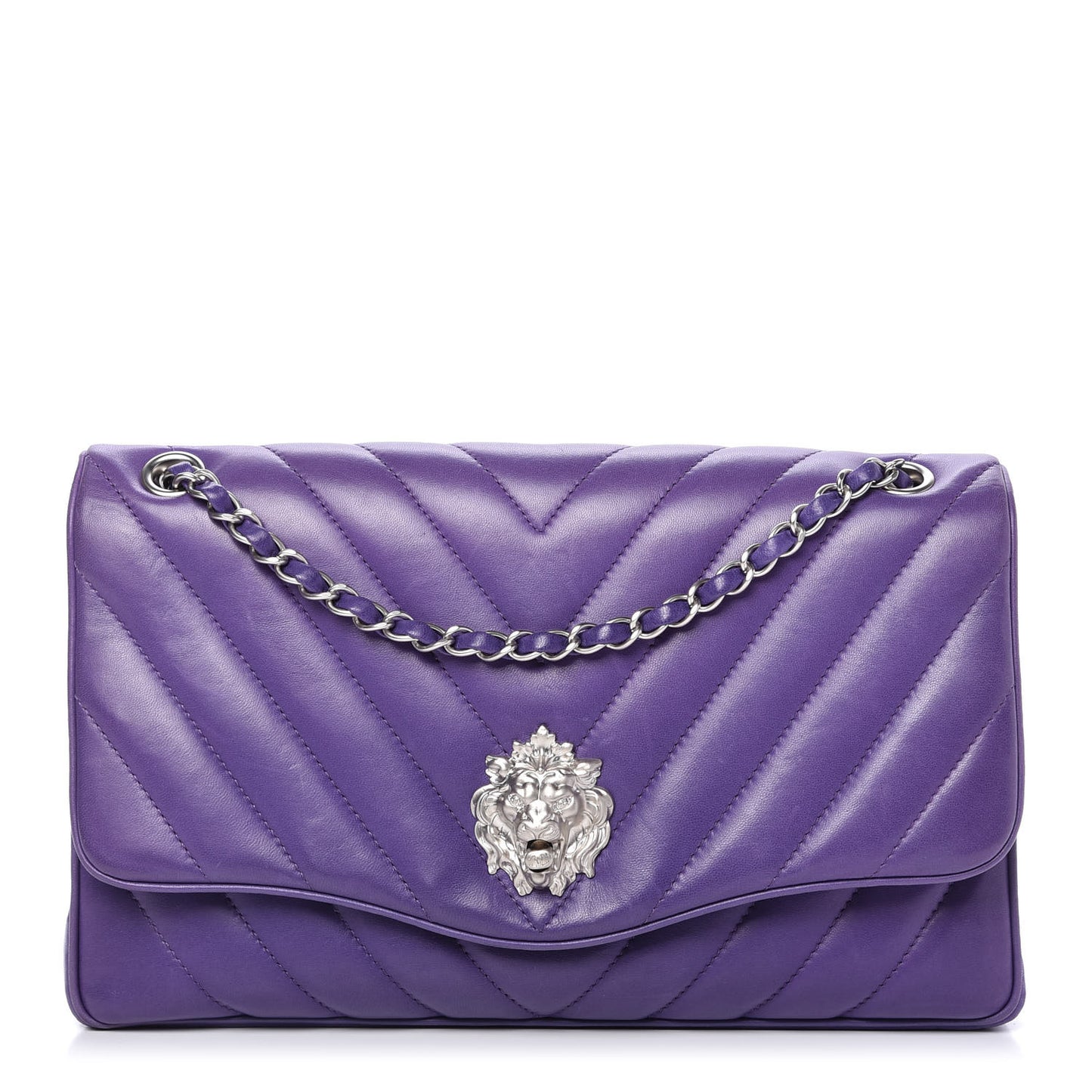 Lambskin Chevron Jumbo Leo Lion Flap Violet Fonce
