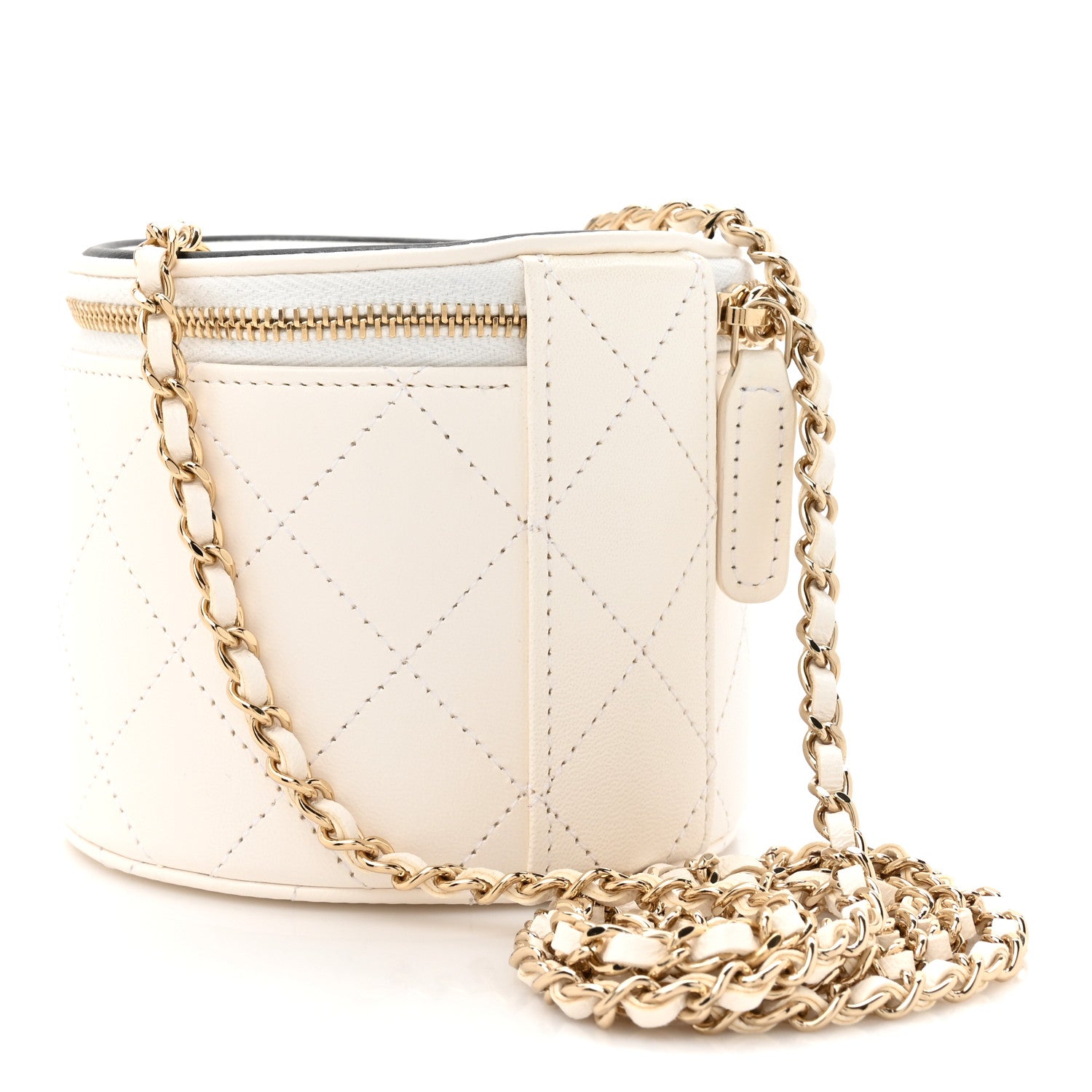 Chanel Lambskin Quilted Round Small Vanity Case With Chain White Black 3 of 12