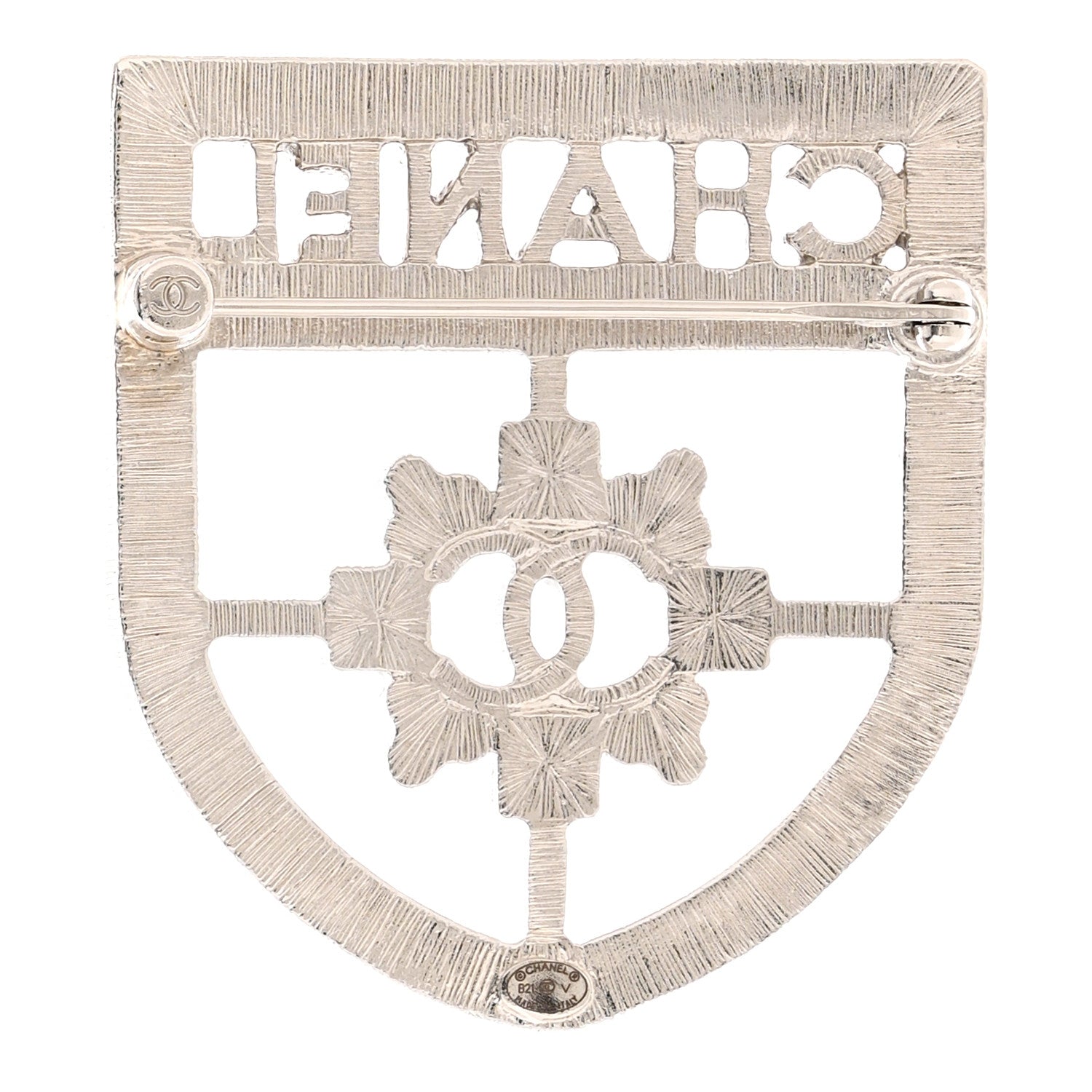 Chanel Swarovski Baguette Crystal CC Shield Brooch Silver 3 of 4
