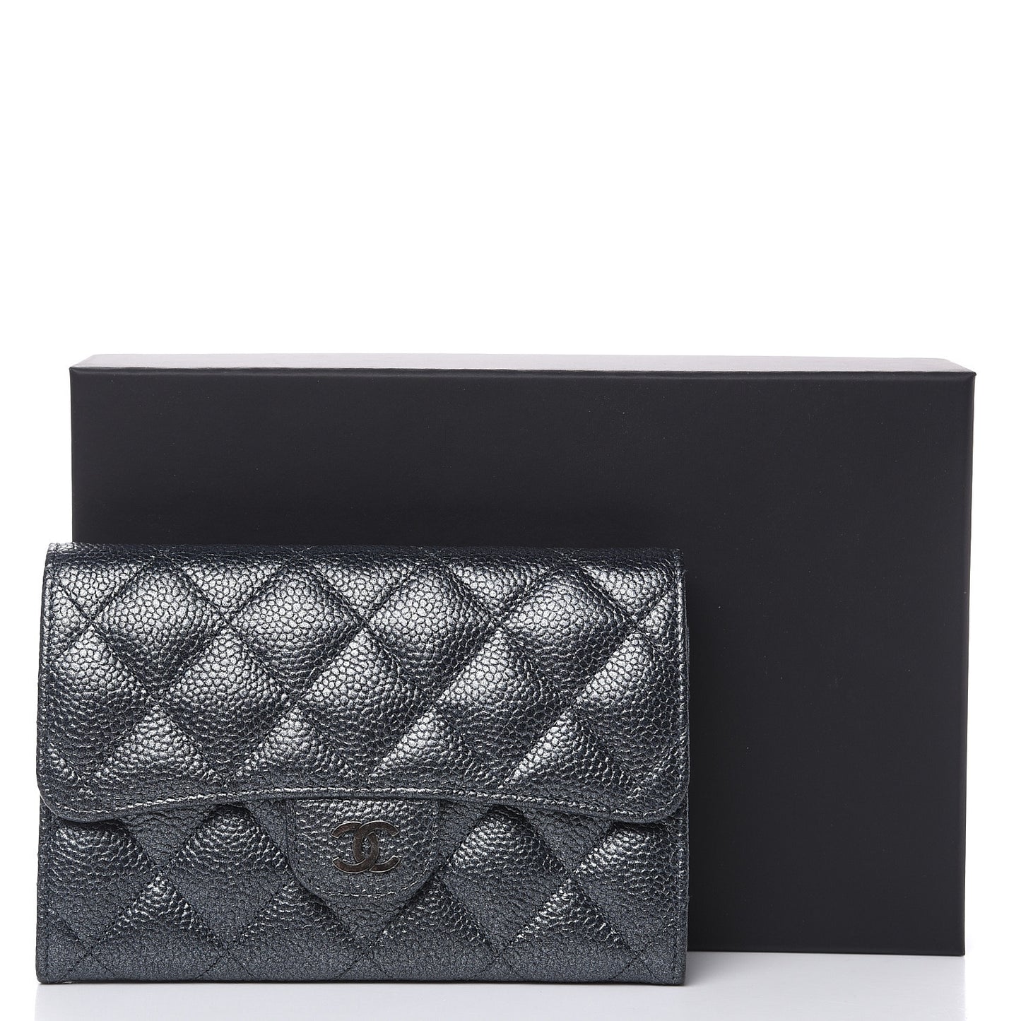Metallic Caviar Quilted Small Flap Wallet Charcoal