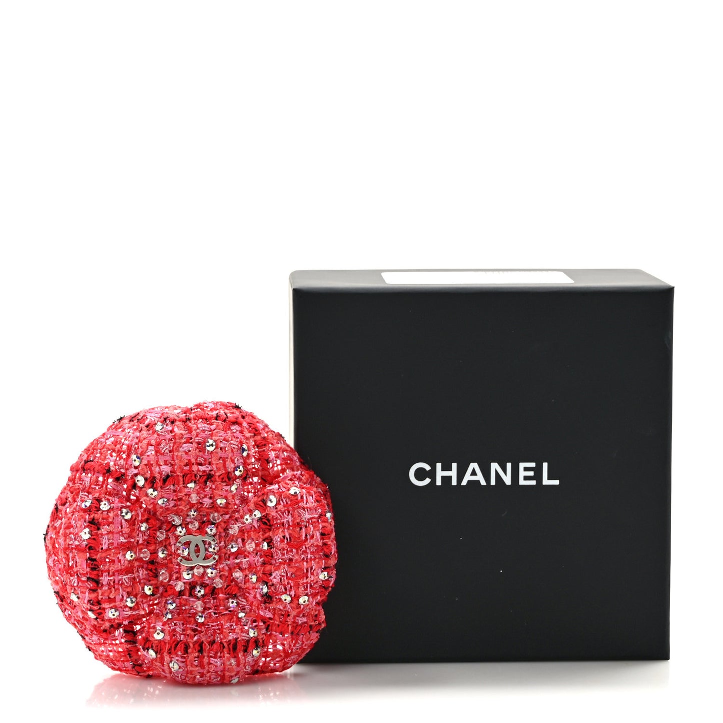 Tweed Camellia Pin Brooch Red Ecru Black