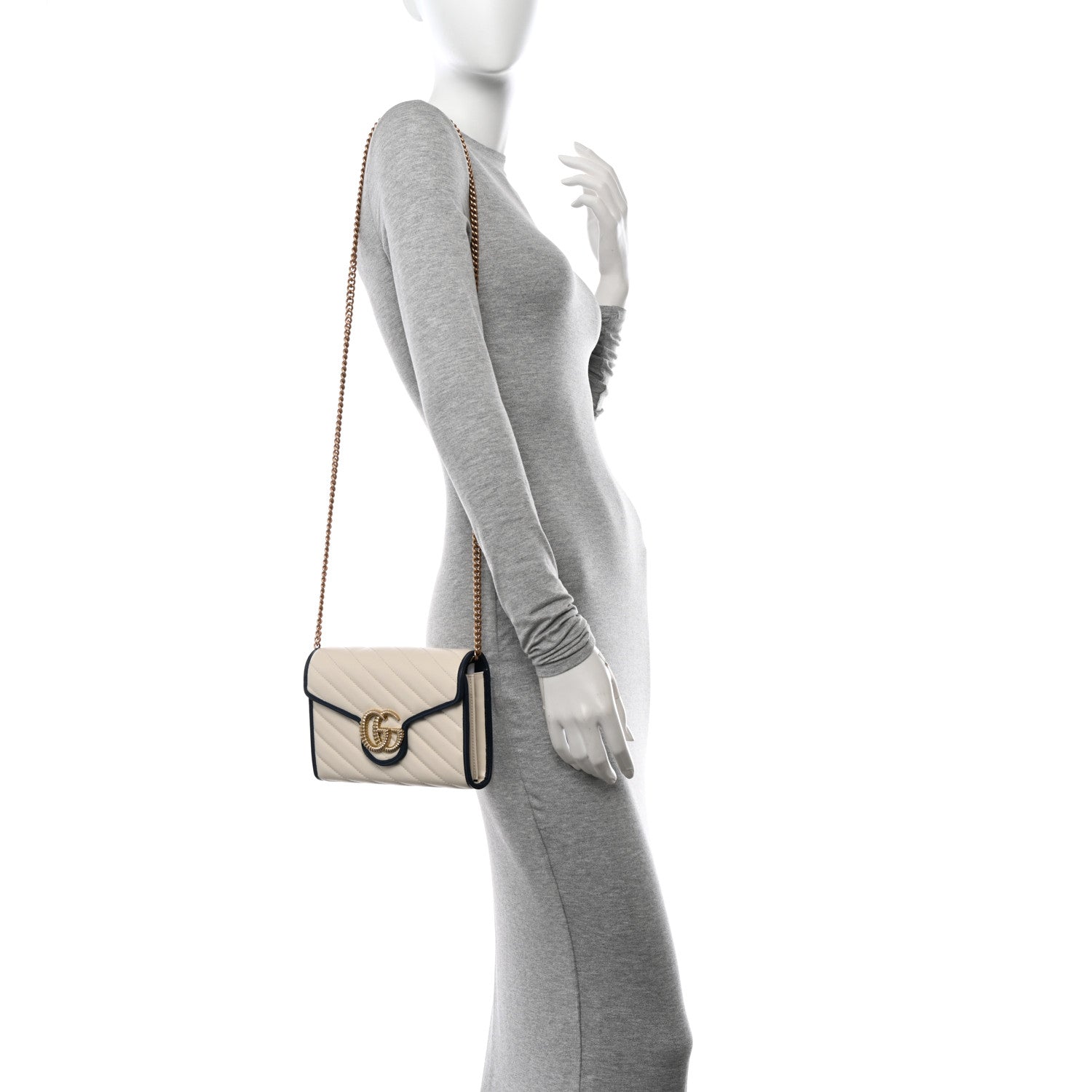 Gucci Vintage Effect Calfskin Matelasse Diagonal Torchon GG Marmont Chain Wallet Mystic White Blue Agata 2 of 12
