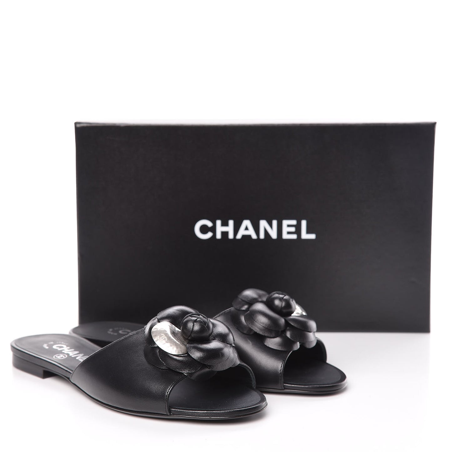 Lambskin Camellia Sandal Mules 37.5 Black
