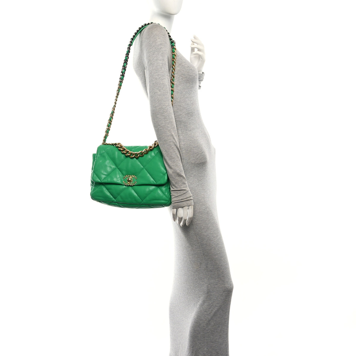 Goatskin Quilted Large Chanel 19 Flap Green