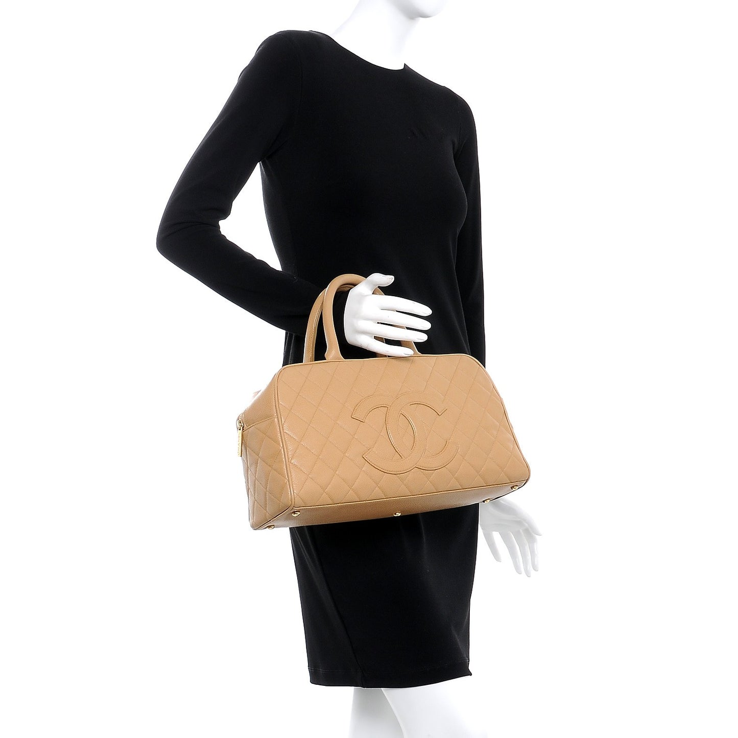 Caviar Quilted Large Bowler Beige