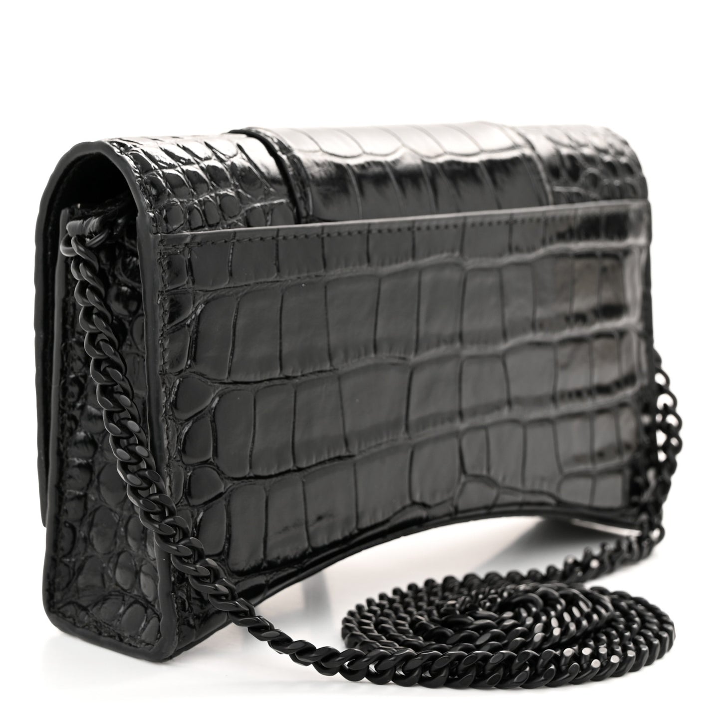 Shiny Calfskin Monochrome Crocodile Embossed Hourglass Chain Bag Black