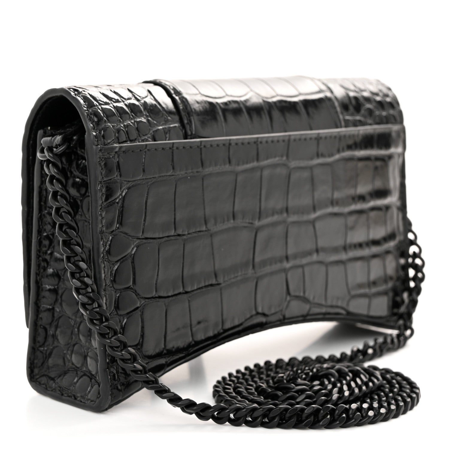Balenciaga Shiny Calfskin Monochrome Crocodile Embossed Hourglass Chain Bag Black 3 of 9