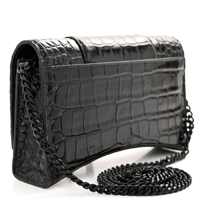 Balenciaga Shiny Calfskin Monochrome Crocodile Embossed Hourglass Chain Bag Black 3 of 9