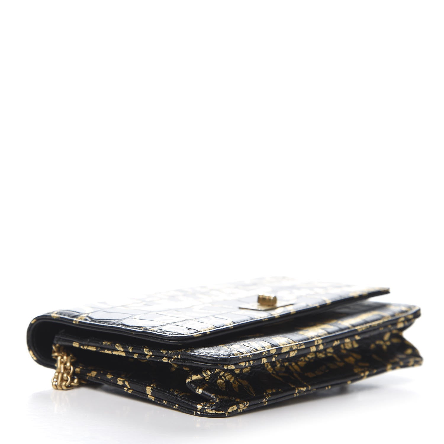 Chanel Calfskin Crocodile Embossed Graffiti 2.55 Cocodile Reissue Wallet On Chain WOC Black Gold 4 of 22