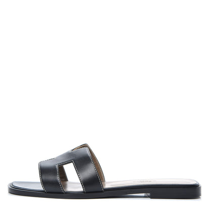 Hermes Box Calfskin Oran Sandals 37.5 Black 1 of 8