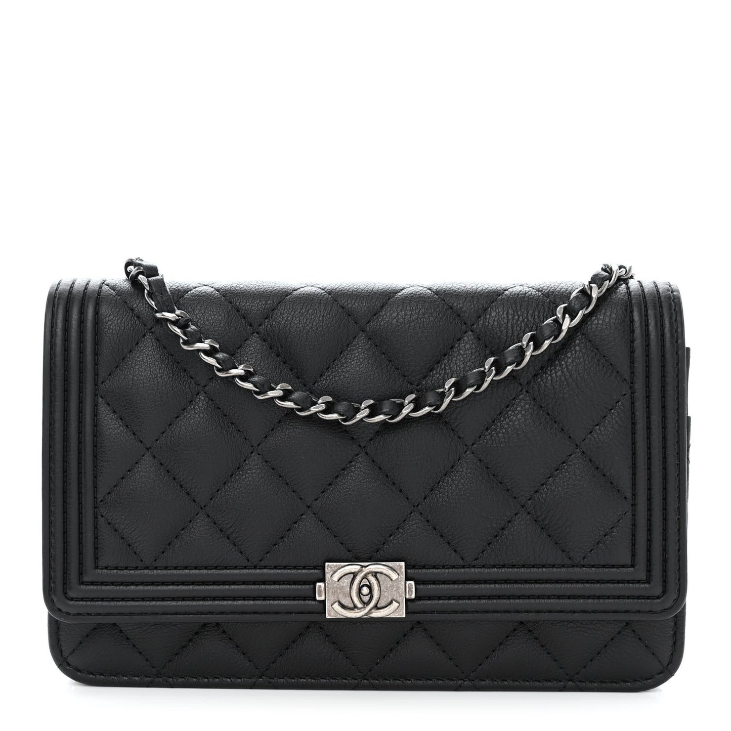 Grained Calfskin Quilted Boy Wallet On Chain WOC Black