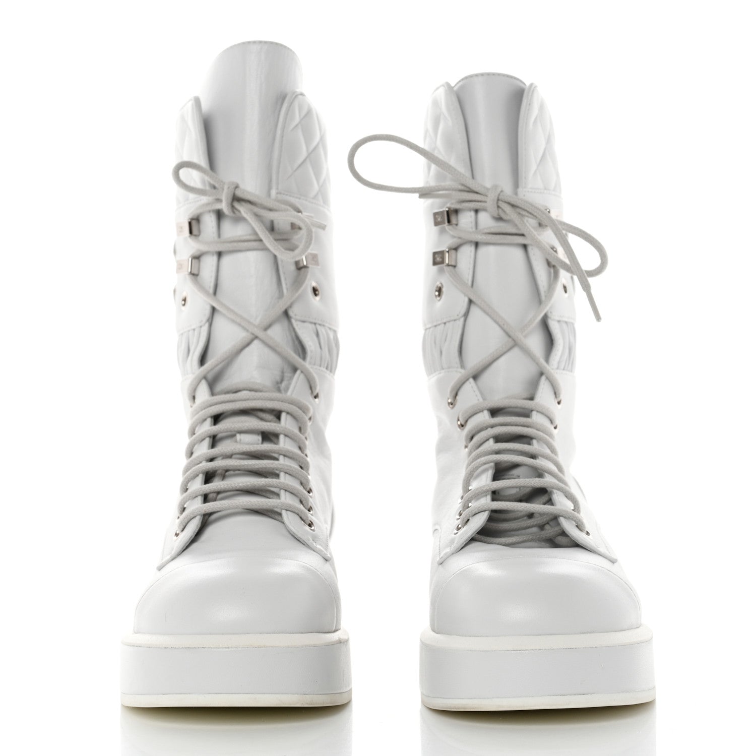 Chanel Lambskin Quilted Lace Up Combat Boots 36.5 White 2 of 9