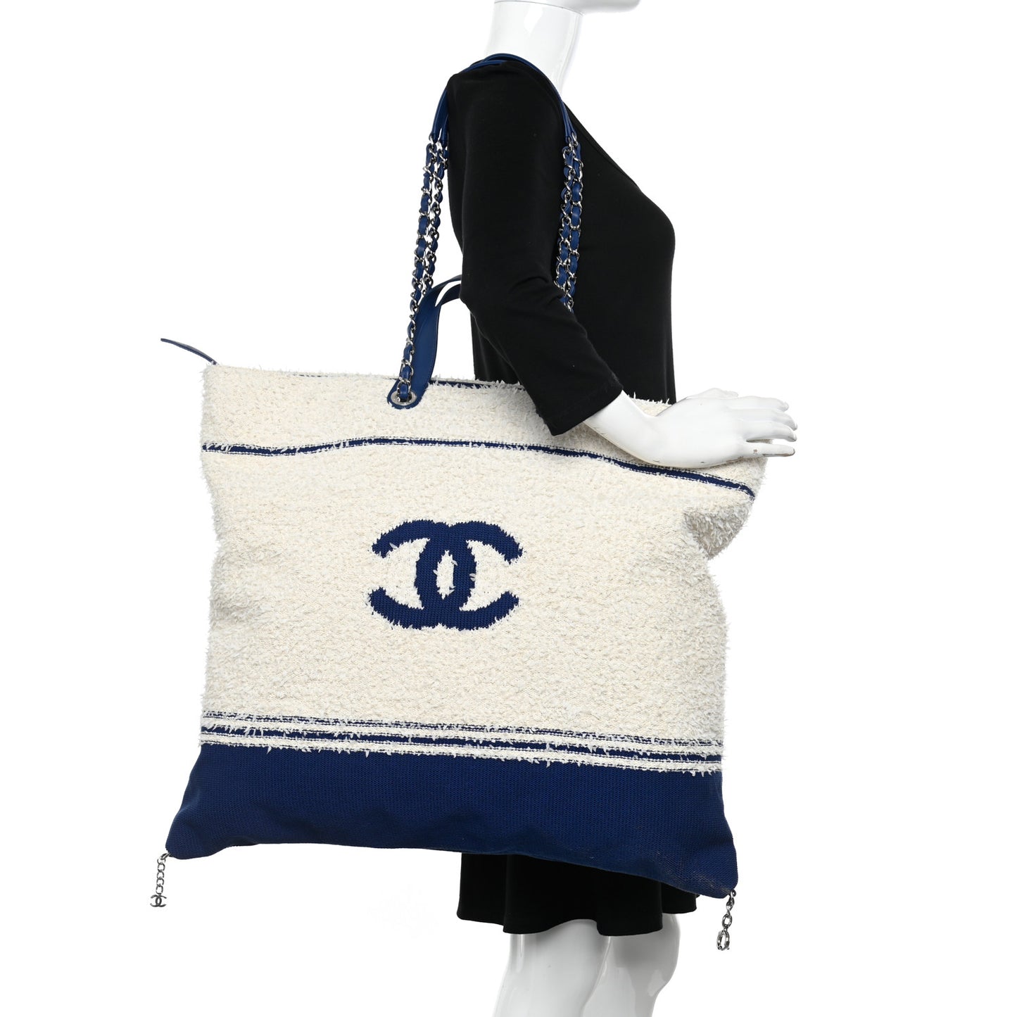 Tweed Fabric Deauville Biarritz Tote White Navy